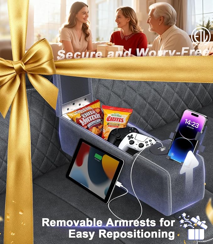 Power Loveseat Recliner Sofa, Removable Armrest 3 Seats Power Reclining Loveseat with Remote Liftable Console, Wall Hugger RV Theater Seating with Storage & USB & RGB (Velvet, Grey)