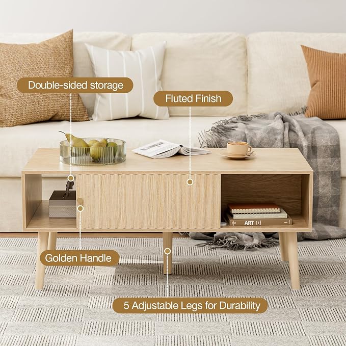 LCRBOL Coffee Table with Fluted Sliding Door, Modern, Natural | 39.3"L x 19.7"W x 17.1"H, double-sided sliding door & open shelf (7.5" clearance), golden knob, 5 tapered legs