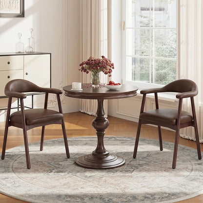 MALOL Leather Dining Chair with Armrest Set of 2, Upholstered Dining Room Chair with Curved Back and Wood Legs, Mid Century Modern Kitchen Chairs for Kitchen Dining Room,Dark Brown