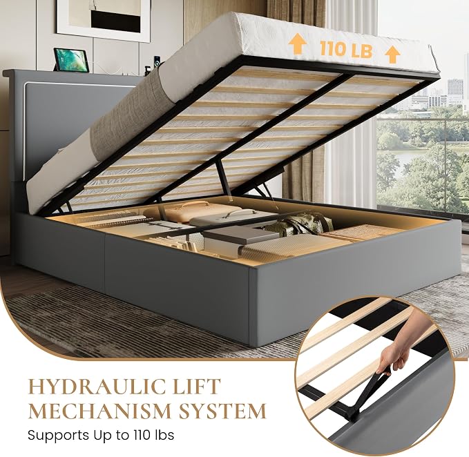 SHA CERLIN Queen Size Hydraulic Lift-Up Storage Platform Bed Frame with Charging Station, RGB LED Lights, Adjustable Velvet Headboard, USB-A and USB-C Ports, No Box Spring Needed, Grey