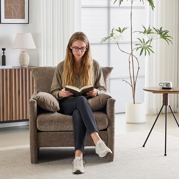 Chenille Oversized Armchair Set of 2, 34" Wide Accent Chair for Living Room Bedroom Modern Upholstered Lounge Chair Mid-Century Reading Chair Comfy Single Sofa Chair, Brown