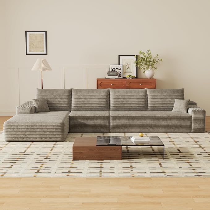 135" Corduroy Couch Sectional with Chaise, L Shape Boneless Cloud Couches for Living Room Bedroom, Modular Corner Couch, Fluffy Deep Seat Compression Sofa, Left Facing Chaise, No Assembly, Camel