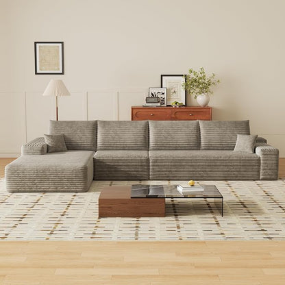 135" Corduroy Couch Sectional with Chaise, L Shape Boneless Cloud Couches for Living Room Bedroom, Modular Corner Couch, Fluffy Deep Seat Compression Sofa, Left Facing Chaise, No Assembly, Camel