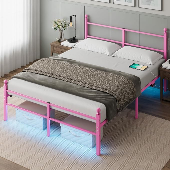Full Size Bed Frame with Headboard - Metal Platform Bed with LED Lights, Charging Station, Under Bed Storage and Heavy Duty Steel Slats Support - No Box Spring Needed, Easy Assembly, Pink