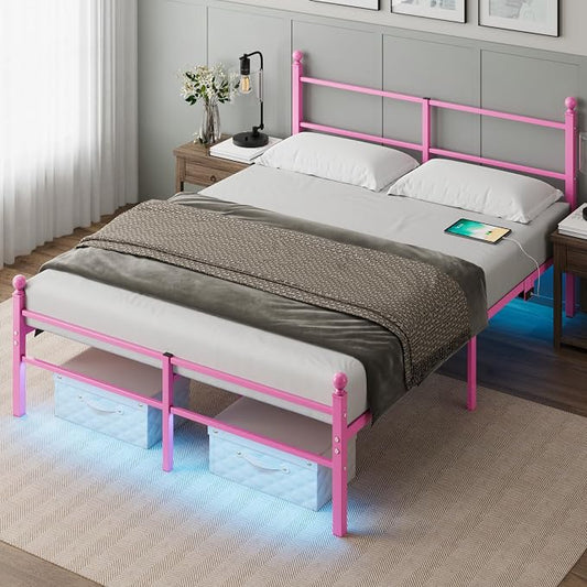 Full Size Bed Frame with Headboard - Metal Platform Bed with LED Lights, Charging Station, Under Bed Storage and Heavy Duty Steel Slats Support - No Box Spring Needed, Easy Assembly, Pink