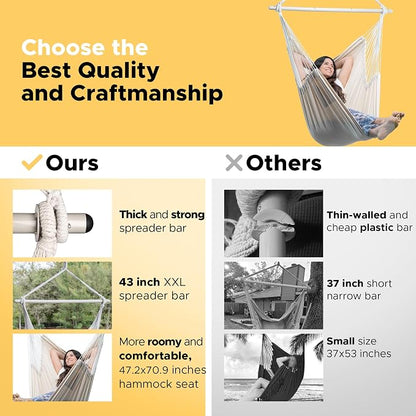 ADVOKAIR Hammock Chair Hanging Chair Rope Swing XXL - Max 500lbs, 70in Large Hammock Swing Chair -Portable Steel Spreader Bar with Anti-Slip Rings-Roomy & Strong