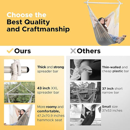 ADVOKAIR Hammock Chair Large 70.9"x47.2", 32% Bigger XXL Hanging Swing Chair with 500lbs Capacity, Heavy Duty Steel Spreader Bar, Extra Roomy Comfort for Adult Indoor Outdoor Bedroom Patio