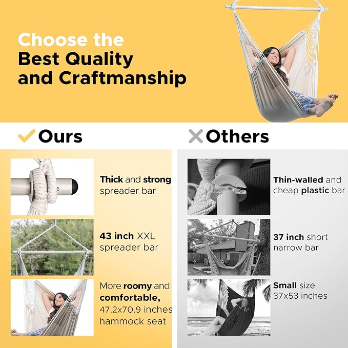 ADVOKAIR Hammock Chair Large 70.9"x47.2", 32% Bigger XXL Hanging Swing Chair with 500lbs Capacity, Heavy Duty Steel Spreader Bar, Extra Roomy Comfort for Adult Indoor Outdoor Bedroom Patio