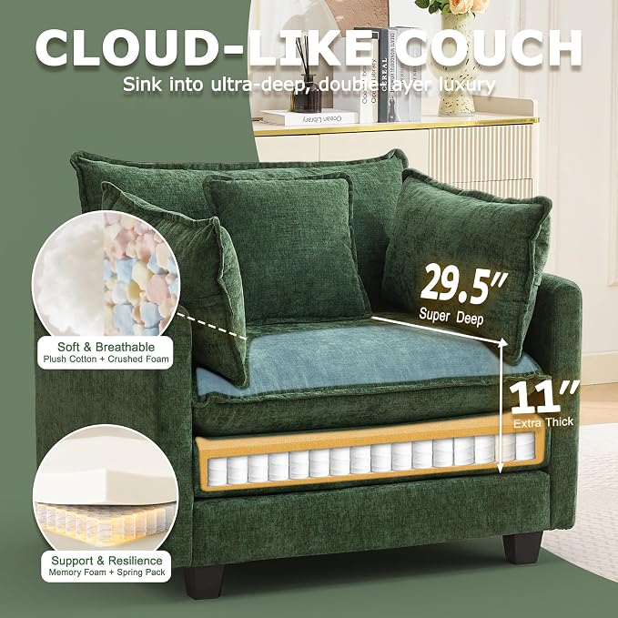 Modular Sectional Sofa Cloud Couch, Deep Seat Washable Chenille Fabric Sofa with Throw Pillows, Singel Seat Modern Couches for Living Room Bedroom Apartment, Green