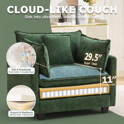 Modular Sectional Sofa Cloud Couch, Deep Seat Washable Chenille Fabric Sofa with Throw Pillows, Singel Seat Modern Couches for Living Room Bedroom Apartment, Green