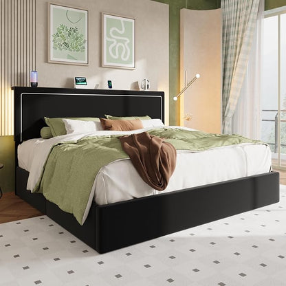Allewie King Size Lift Up Storage Bed Frame with Charging Station & LED Lights, Adjustable Velvet Upholstered Storage Headboard, Type-C & USB Ports, Hydraulic Support, No Box Spring Needed, Black
