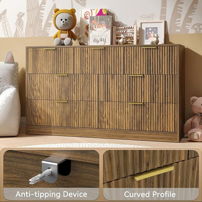 7 Drawer Dresser and Nightstand Sets, 3 Pcs Bedroom Set for Bedroom, Fluted Night Stand Set of 2 & 55" Wide Dresser w/Gold Handles, Mid Century Wood Chest of Drawers Storage Set, Walnut