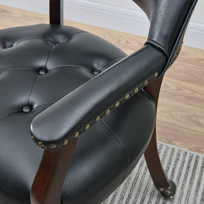 LEEMTORIG Set of 2 Large Dining Chairs with Casters and Arms, Rolling Dining Chairs with Wheels, Accent Game Table Chairs, 26" D x 25.2" W x 31.5" H, Cherry Legs & Black SY-1533-BK