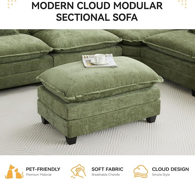 35‘’ Modern Chenille Cloud Sofa Ottoman,Rectangle Ottoman for Modular Sectional Sofa, Green