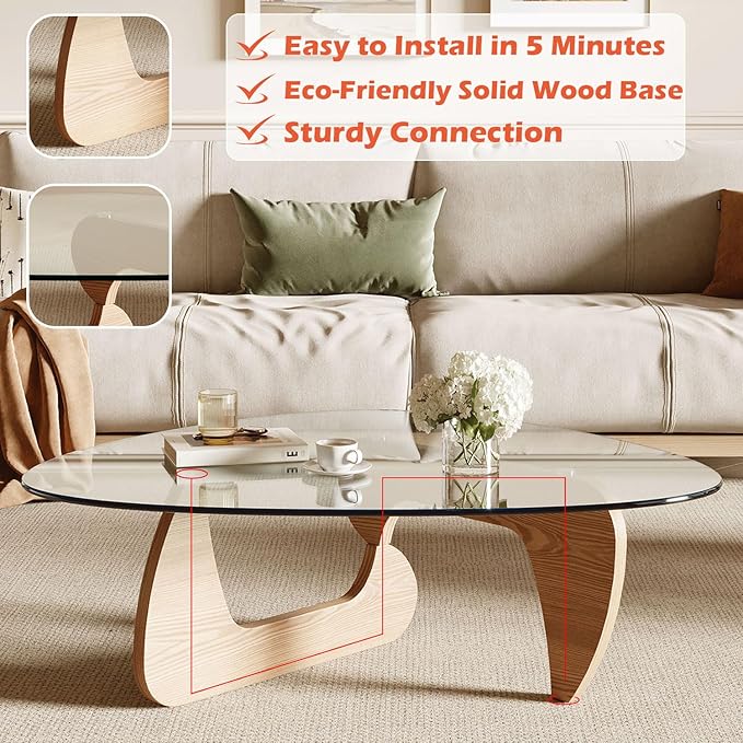 Modern Coffee Table for Living Room and Small Spaces, 43.3" x 29.5" x 15.8" Triangle Tempered Glass Table Top and Eco-Friendly Solid Wood Base, Natural Wood
