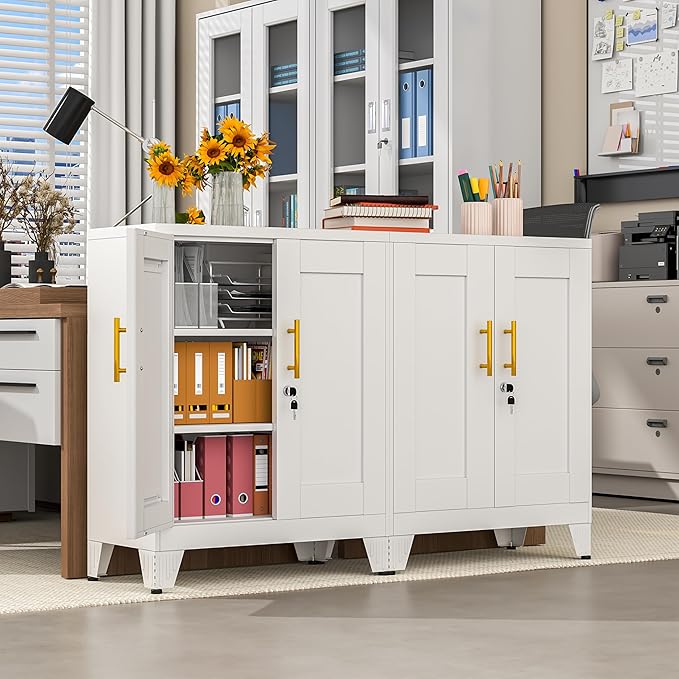 White Metal Storage Cabinet, 36" Tall Locking Storage Cabinet, 14”D | with 2 Adjustable Shelves, Steel Locker Organizer, Metal Freestanding Buffet Cupboards Sideboard for Office, Home, School,2PS