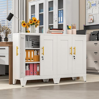 White Metal Storage Cabinet, 36" Tall Locking Storage Cabinet, 14”D | with 2 Adjustable Shelves, Steel Locker Organizer, Metal Freestanding Buffet Cupboards Sideboard for Office, Home, School,2PS