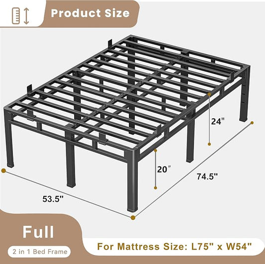 ROIL 24 Inch Full Size Bed Frame, Metal Bed Frame & Box Spring 2 in 1 Platform with Round Corner Legs, 4000LBS Double Layer Bed Frame with Headboard Holes Mattress Baffles, Noise-Free Easy Assembly