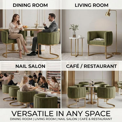 Hyfirm Olive Green and Gold Modern Barrel Dining Room Chairs Set of 6, Velvet Upholstered Accent Chairs with Curved Back for Kitchen Island, Luxury Comfort Seating Cantilever Metal Frame