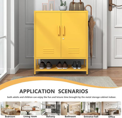 Yellow Lockable Metal Shoe Cabinet, Freestanding Accent Storage Cabinet with Adjustable Shelves, Multipurpose Storage Rack for Hallway Entryway Living Room 33" H X 29.5" W X 13.8" D