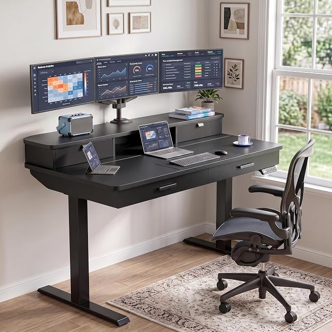 HUANUO 48 x 30 inch Electric Standing Desk with 2 Wood Drawers, Adjustable Height Sit Stand Desk for Home Office, Ergonomic Stand up Desk with 4 Memory Presets, 176 lbs Capacity, Black Top
