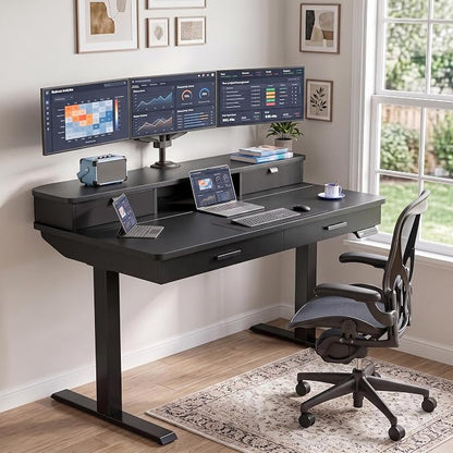 HUANUO 48 x 30 inch Electric Standing Desk with 2 Wood Drawers, Adjustable Height Sit Stand Desk for Home Office, Ergonomic Stand up Desk with 4 Memory Presets, 176 lbs Capacity, Black Top