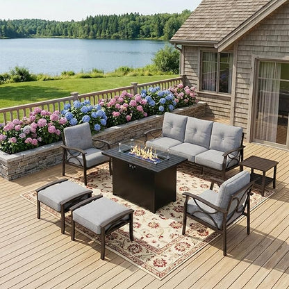 FansaFurn 7-Pieces Outdoor Patio Furniture Set with 43" Fire Pit Table, Outdoor Metal Sectional Sofa with Cushions, Outdoor Conversation Set for Garden, Balcony, Deck, Backyard, Grey