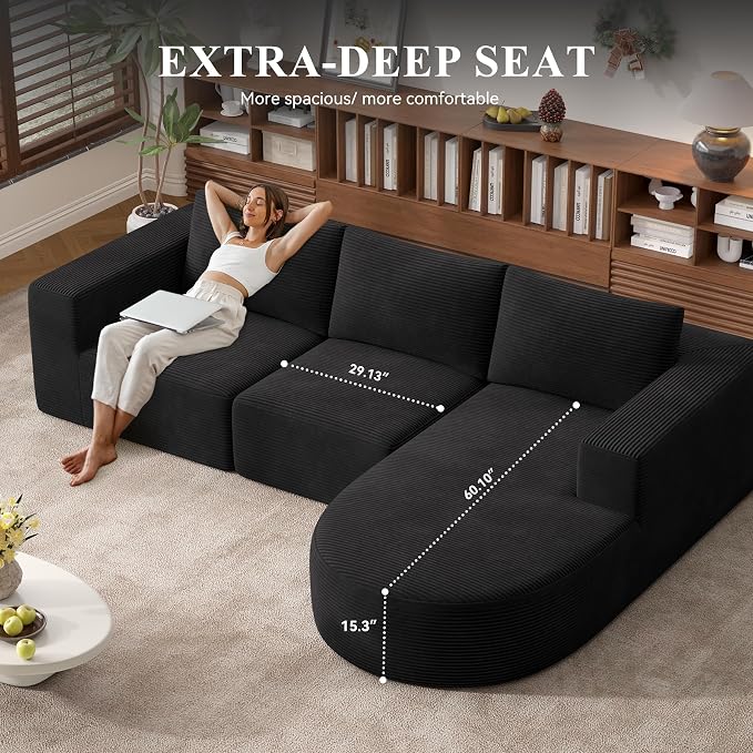 L-Shaped Boneless Couch,104" Couches for Living Room with Curved Chaise,Modular Sectional Sofa with Deep Seat,Modern Cozy Cloud Compression Sofas,No Assembly Required(Black) 1PCS