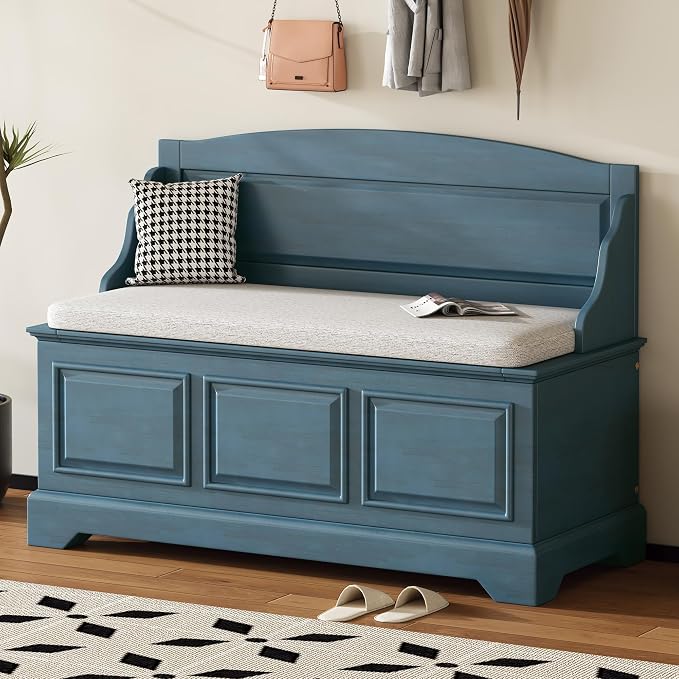 Knocbel Rustic Entry Storage Bench with Hidden Compartments and Removable Cushion, Wooden Entryway Hallway Foyer Shoe Bench Bedroom End of Bed Bench (Antique Navy and Beige)