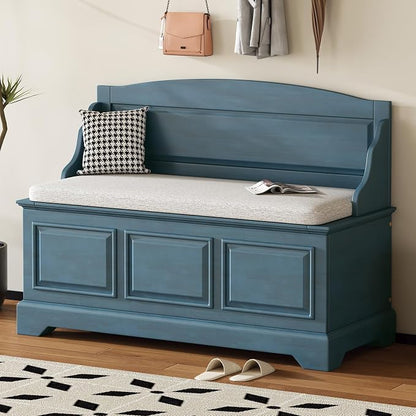 Knocbel Rustic Entry Storage Bench with Hidden Compartments and Removable Cushion, Wooden Entryway Hallway Foyer Shoe Bench Bedroom End of Bed Bench (Antique Navy and Beige)
