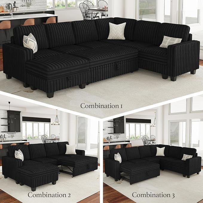 Belffin Corduroy Modular Sectional Sleeper Sofa with Pull Out Bed Small Sectional Couches with Storage for Living Room Apartment Couch. Black Couch