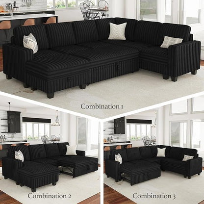 Belffin Corduroy Modular Sectional Sleeper Sofa with Pull Out Bed Small Sectional Couches with Storage for Living Room Apartment Couch. Black Couch