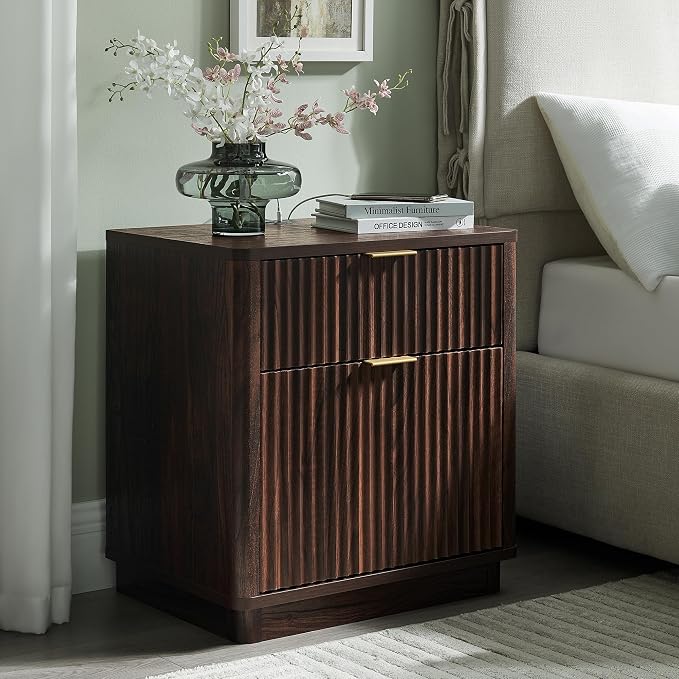 T4TREAM 23'' Fluted Nightstand with Charging Station, Large 2 Drawer Side Table, Modern End Table with Storage, Mid Century Bedside Table for Bedroom, Living Room, Curved Profile, Dark Walnut