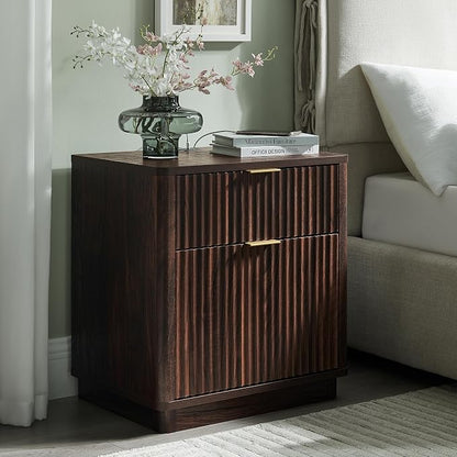 T4TREAM 23'' Fluted Nightstand with Charging Station, Large 2 Drawer Side Table, Modern End Table with Storage, Mid Century Bedside Table for Bedroom, Living Room, Curved Profile, Dark Walnut