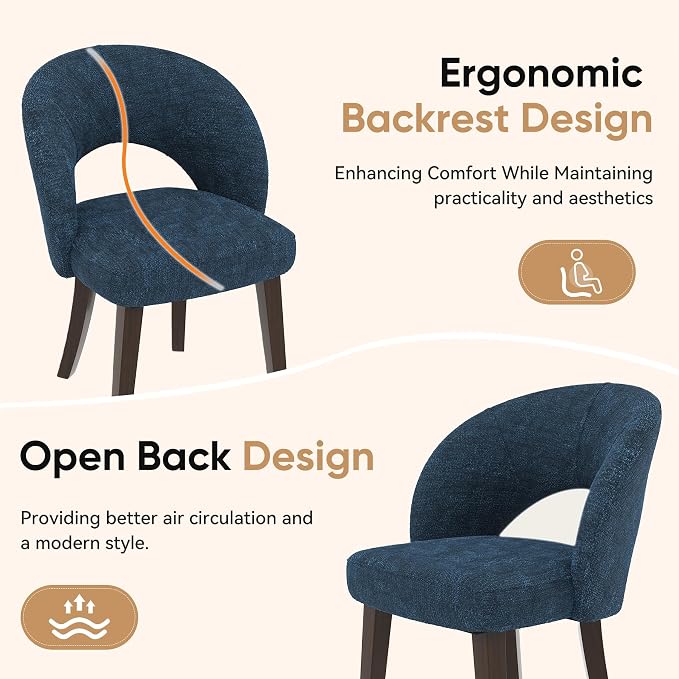 Dining Chairs Set of 2, Mid Century Modern Dining Chairs with Solid Wood Legs, Curved Back Kitchen Chair Farmhouse Side Upholstered Chairs for Kitchen Dining Room, Blue