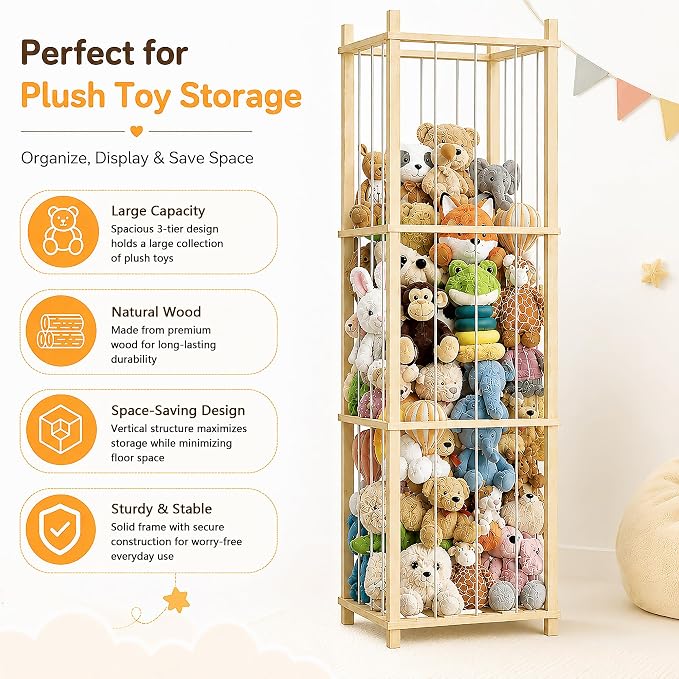 Solid Pine Stuffed Animal Storage, 56" Large Wooden Toy Organizer Tower | 100% solid pine, extra-wide & high open design. Whole rope hand-polished. Holds large plush toys for kids playroom bedroom