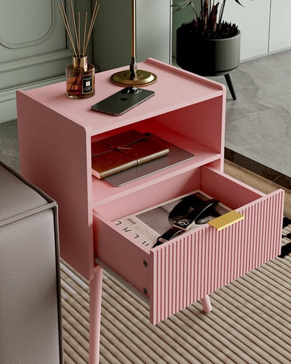 Veegle Nightstand,Modern Bedside Table with Storage Drawer and Open Wood Shelf, Accent Night Stand with Solid Wood Legs for Living Room, Bedroom and Small Spaces,Easy Assembly (Pink)