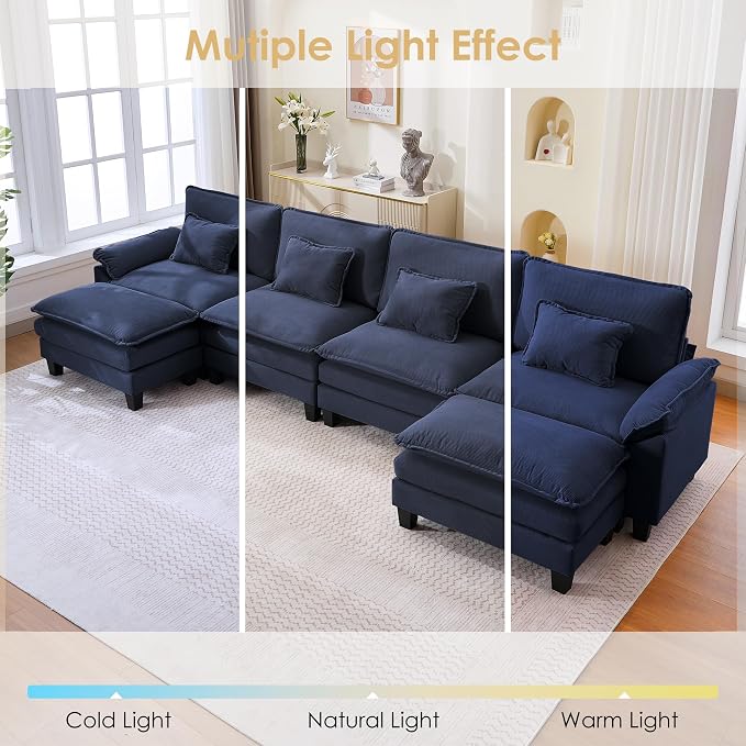 157" Corduroy Modular Sectional Sofa, Convertible U Shaped Modular Sofa Comfy Cloud Couch with Ottoman, Side Pockets and 4 Throw Pillows for Living Room, Blue, 6 Seats
