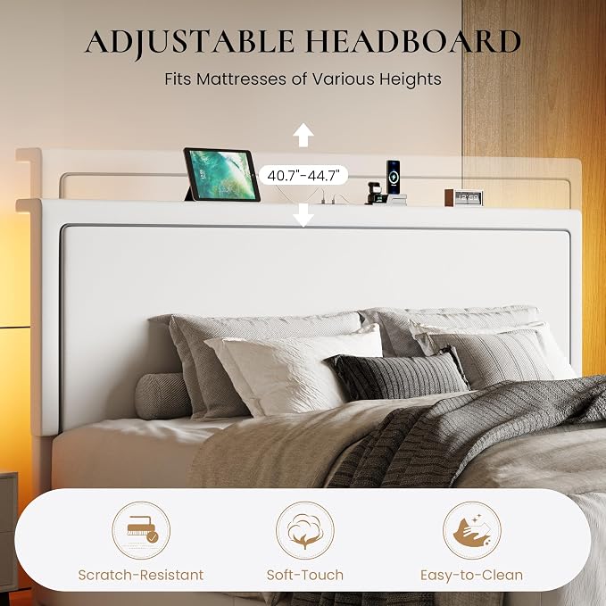 SHA CERLIN King Size Hydraulic Lift-Up Storage Platform Bed Frame with Charging Station, RGB LED Lights, Adjustable Velvet Headboard, USB-A and USB-C Ports, No Box Spring Needed, White