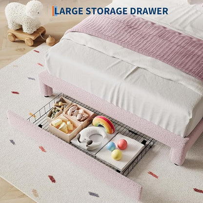 IDEALHOUSE Twin Bed Frame with LED Headboard and Under-Bed Drawer, Boucle Fabric Upholstered Platform Bed with LED Light for Kids, Girls, Wooden Slats Support, No Box Spring Needed, Pink