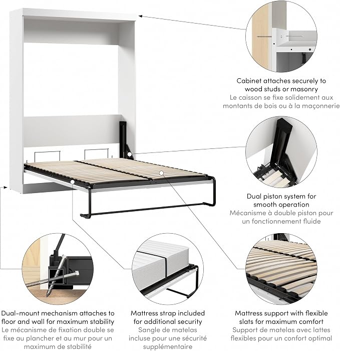 Bestar Pur Full Size Murphy Bed in White, 59-inch Space-Saving Sleeping Arrangement for Multipurpose Area, Bedroom, Guest Room, or Living Room