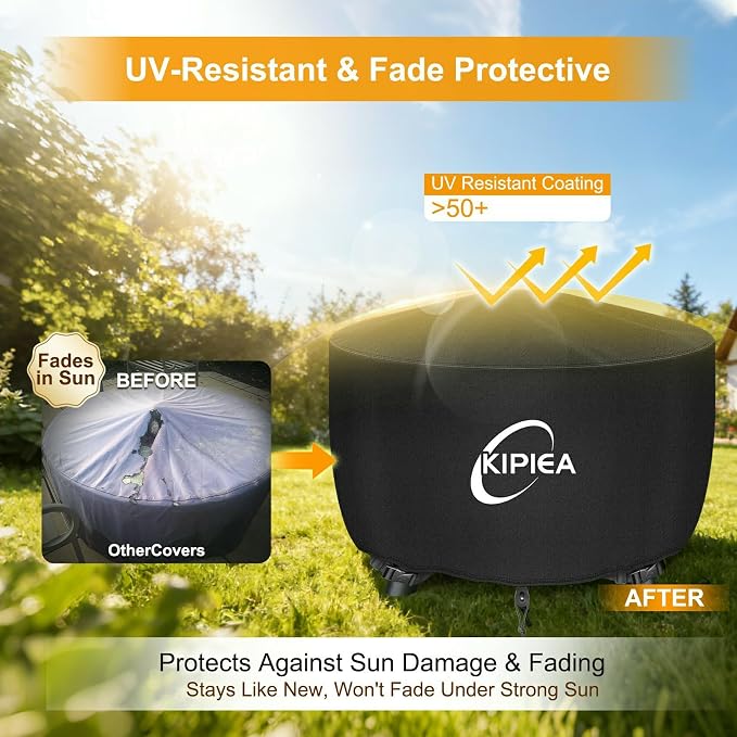 Kipiea Round Fire Pit Cover 100% Waterproof, 50" D x 24" H Outdoor Firepit Cover, Upgraded 600D Strong Tear and UV Resistant, Black