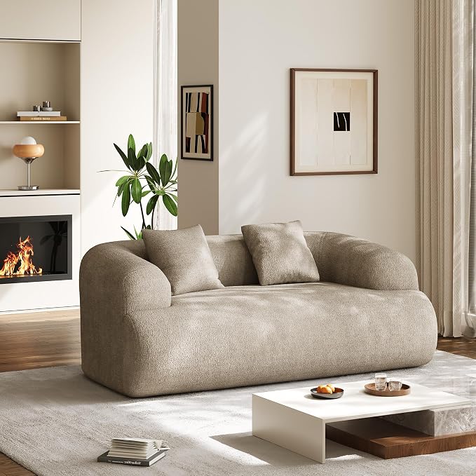 Half Moon Curved Sectional Sofa with 2 Throw Pillows, Modern Style 2-Seater Chenille Leisure Couch with Curved Backrest, Easy Assembly, for Apartment, Living Room, Bedroom, Light Brown（76 inch）