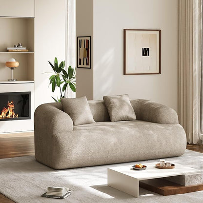 Half Moon Curved Sectional Sofa with 2 Throw Pillows, Modern Style 2-Seater Chenille Leisure Couch with Curved Backrest, Easy Assembly, for Apartment, Living Room, Bedroom, Light Brown（76 inch）