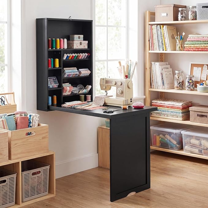 Tangkula Folding Wall Mounted Desk, Convertible Fold Out Floating Table with Storage Shelves, Space-Saving Drop Leaf Table, Murphy Desk for Craft, Study, Small Spaces, Home Office, Dorm, Black