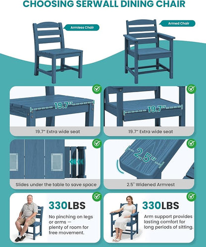 SERWALL HDPE Dining Set for 8: 2 Umbrella Hole Tables + 8 Chairs. for Garden, Backyard, Poolside. Blue