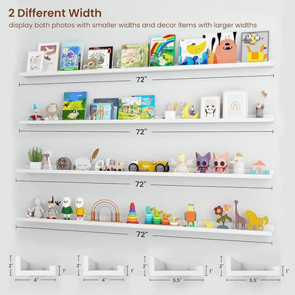 Axeman 72 Inch Floating Shelves | White Picture Ledge Shelf Set of 4 | Rustic Wood Wall Shelves with Lip | 72" White Picture Shelves for Wall with Ledge | Photo Shelves