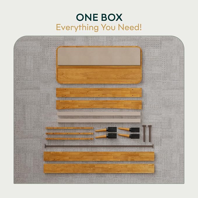 Bme Calista Queen Size Bed Frame – Solid Wood Platform Bed with Upholstered Headboard, Teak Brown Finish, Mid-Century Modern Style with Sturdy Slats & Tapered Legs, No Box Spring Needed