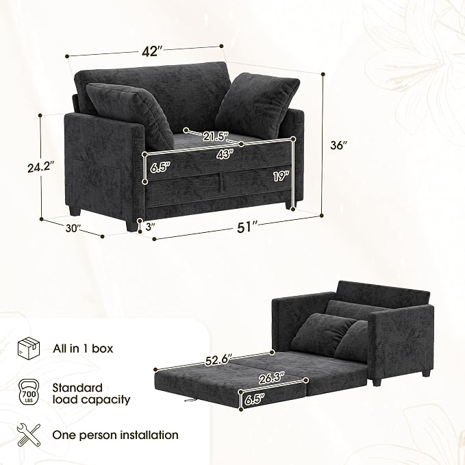 Myroyalsit 51" Convertible Loveseat Sofa Bed, 2-in-1 Folding Sofa Bed with 2 Pillow for Small Spaces, Modern Loveseat Sleeper Couch for Apartment, Living Room & Guest Room (Chenille Black, 51 inch)