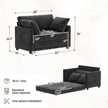 Myroyalsit 51" Convertible Loveseat Sofa Bed, 2-in-1 Folding Sofa Bed with 2 Pillow for Small Spaces, Modern Loveseat Sleeper Couch for Apartment, Living Room & Guest Room (Chenille Black, 51 inch)